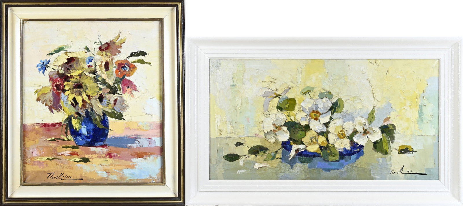 2x Painting, Vase with flowers + Flower still life: 2x Painting. Indistinct/indistinctly signed. 20th Century + 1937. Vase with flowers + floral still life. Oil on canvas. Dimensions: H 60 x W 50 cm / H 50 x W 100 cm. In fair/good condition.
