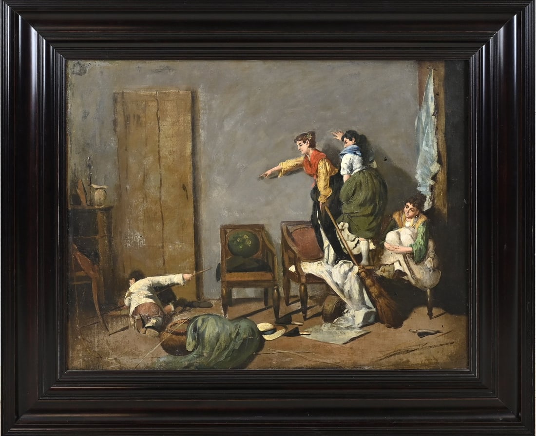 L. Laublin?, Interior with ladies who are afraid of a mouse: Painting. Unclear. L. Laublin? 19th century. Interior with ladies afraid of mice. Oil on linen. Relined. Dimensions: H 52 x W 66 cm. In good condition.