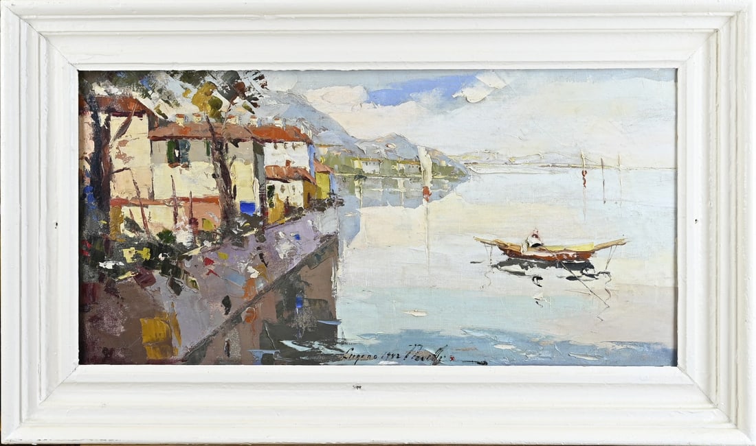 Painting, Harbor View of Lugano (Italy): Painting. Italian School. Harbor View of Lugano, 1942. Oil on canvas. Dimensions: H 40 x W 80 cm. In good condition.