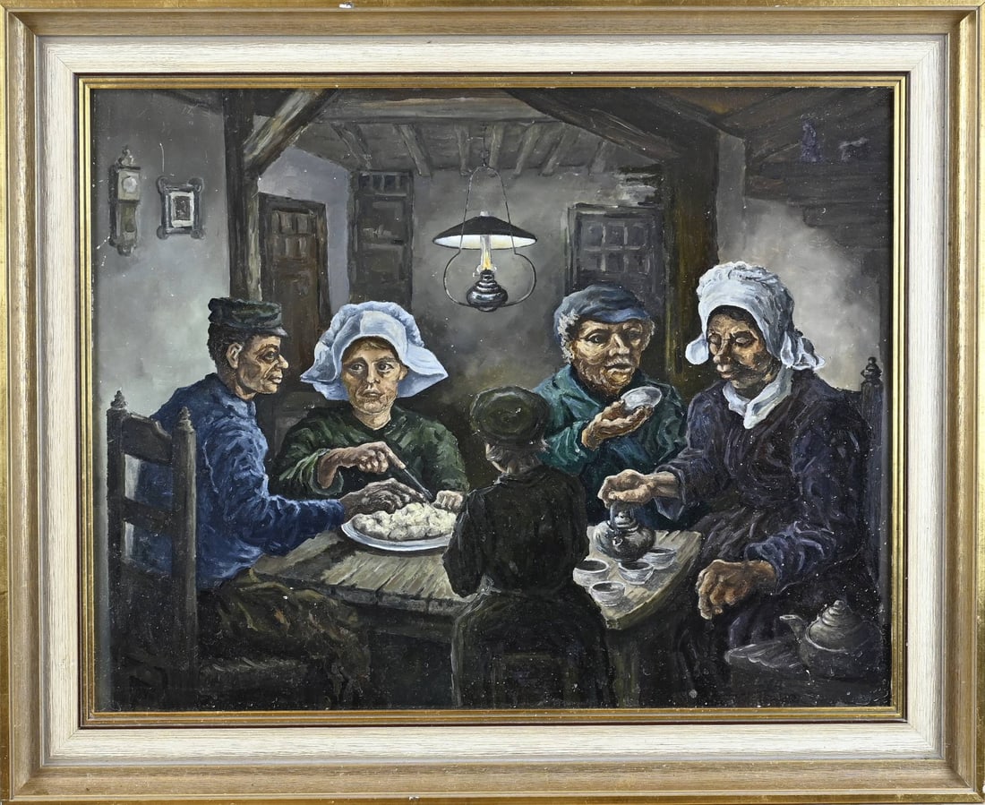 Painting, The Potato Eaters: Painting. Indistinctly signed. 20th century. The Potato Eaters, after Vincent van Gogh. Oil on panel. Dimensions: H 47 x W 58 cm. In good condition.
