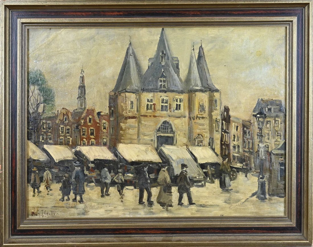 After GJ Staller, Cityscape: After GJ Staller. Circa 1930. Cityscape with figures. Oil on canvas. Dimensions: H 46 x W 60 cm. In good condition.