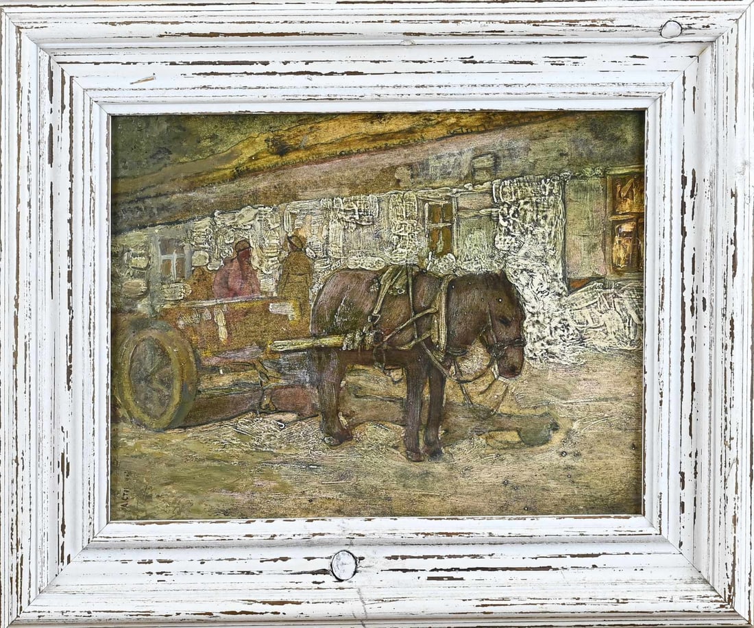 Painting, Russian School: Painting. Russian School. With verso label + monogram for circa 1930–1950. Village street with horse-drawn cart. Oil on panel. Dimensions: H 27 x W 35 cm. In good condition.