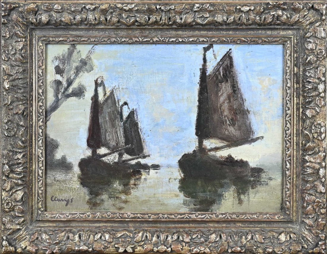 Albert Claeys, Sailboats at Evening: Albert Claeys. 1889 - 1967. Belgian School. Two sailboats at night. Oil on panel. Dimensions: H 25 x W 35 cm. In good condition.