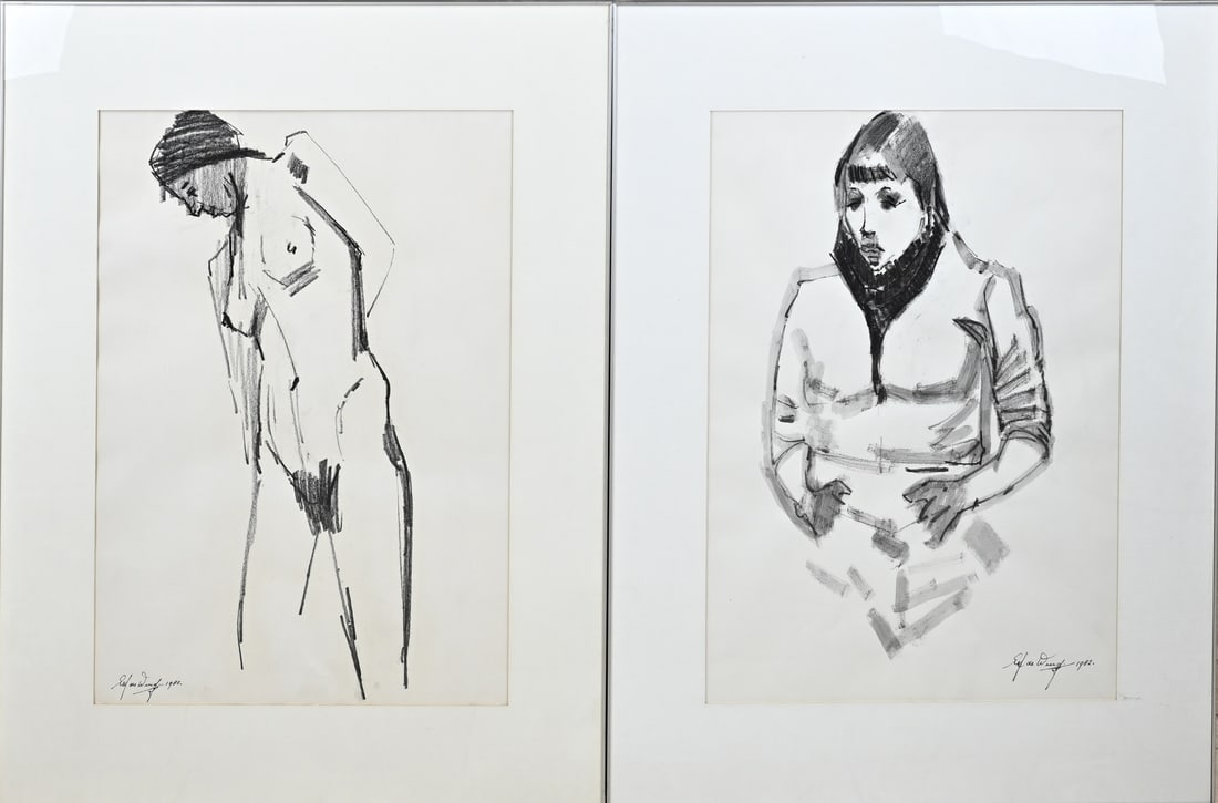 2x Eef de Weerd, 2x Queen: Two works by Eef de Weerd. 1926 - 1989 Hengelo. Two ladies. Charcoal on paper. Dimensions: H 60 x W 50 cm. In good condition.