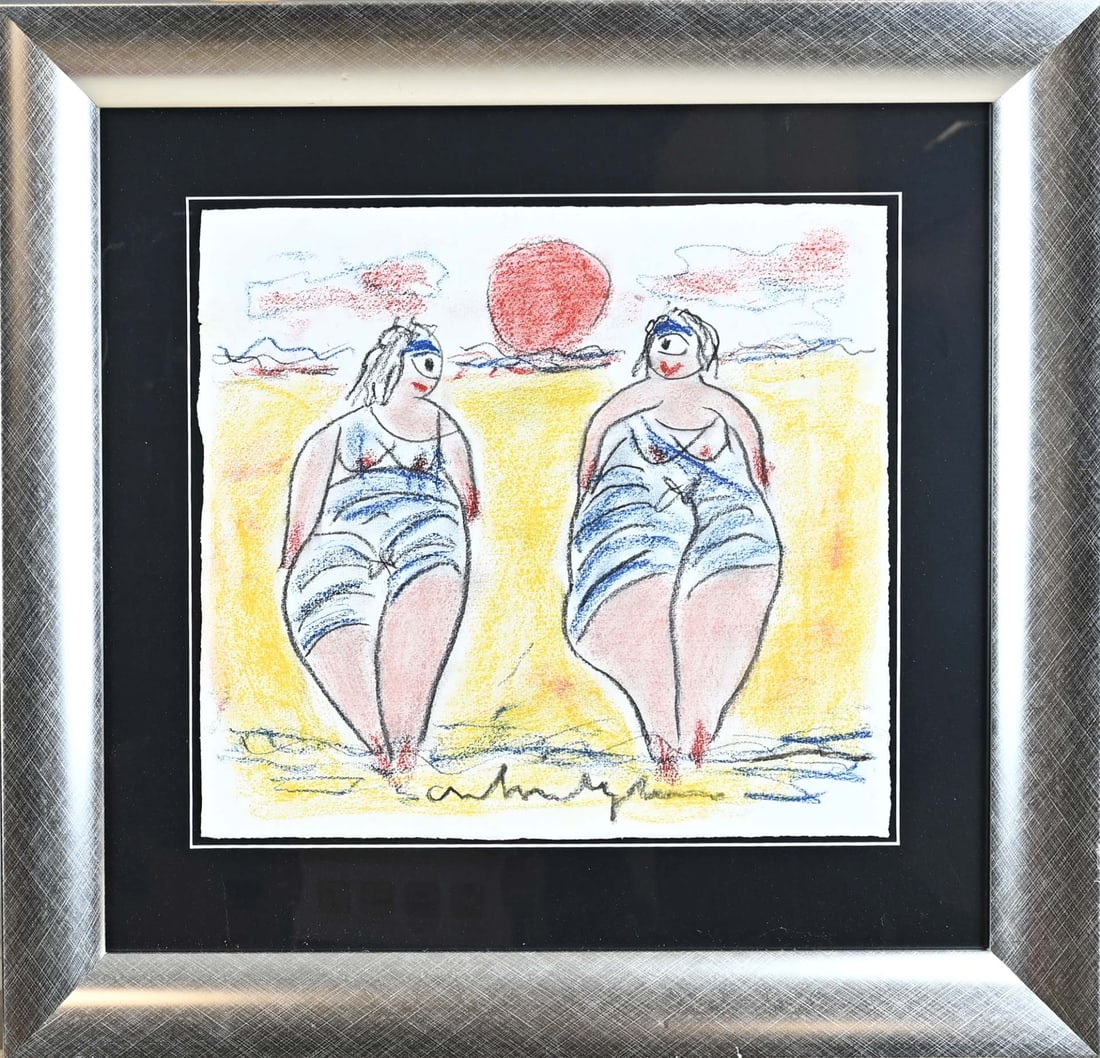 Anton Heyboer, Ladies on the Beach: Anton Heyboer. 1924 - 2005. Ladies on the beach. Pastel on paper. Dimensions: H 35 x 40 cm. In good condition.