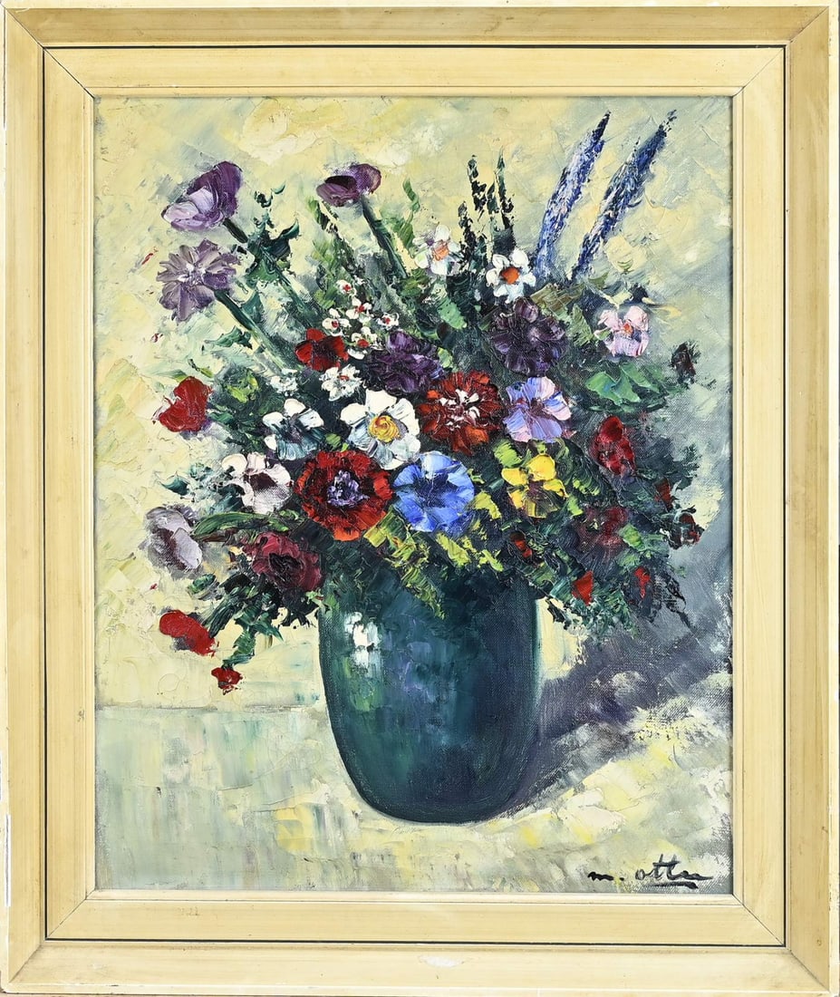 M. Ottee/A. van Gilst, Flower Still Life: M. Ottee (Arnout van Gilst). 1898 - 1982. Vase with flowers. Oil on canvas. Dimensions: H 50 x W 40 cm. In good condition.