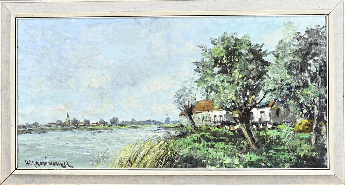 HC Kranenburg, River landscape with pollard willows: HC Kranenburg. 1917 - 1997. River landscape with pollard willows and farmhouse. Oil on linen. Dimensions: H 40 x W 80 cm. In good condition.