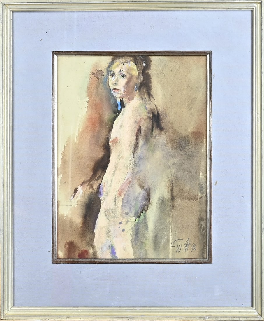 Monogram CW, Modern female nude: Monogram CW 1996. Modern female nude. Watercolor on paper. Dimensions: H 35 x W 26 cm. In good condition.
