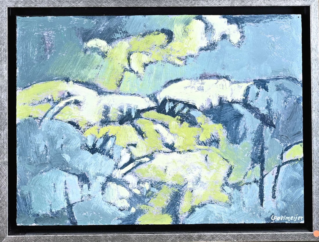 Leo Poelmeijer, Dune Landscape: Leo Poelmeijer. 1934 - . Dune landscape with clouds. Oil on panel. Dimensions: H 25 x W 34 cm. In good condition.
