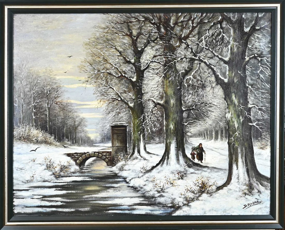 D. Kubbe, Winter forest scene: D. Kubbe. Circa 1950. Winter forest scene with woman gathering firewood. Oil on canvas. Dimensions: H 60 x W 80 cm. In good condition.