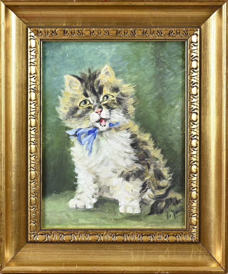 Painting, Kitten with blue bow: Painting. Indistinctly signed. 20th century. Kitten with blue bow. Oil on canvas. Dimensions: H 29 x W 22 cm. In good condition.