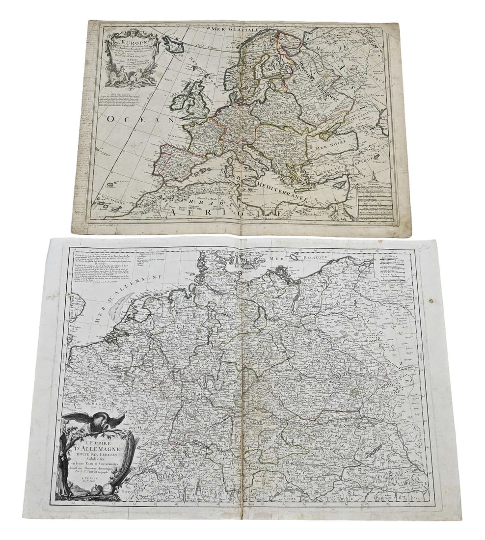 2x Antique map: 2x Antique map. 1x L. Europe de 'L academy Royale des sciences. By H. van Loon Avec privilege du Roy 1700. Dimensions: H 49 x W 64 cm. 1x 'L empie D. Allemagne, par P. Santini, 1793. Dimensions: H