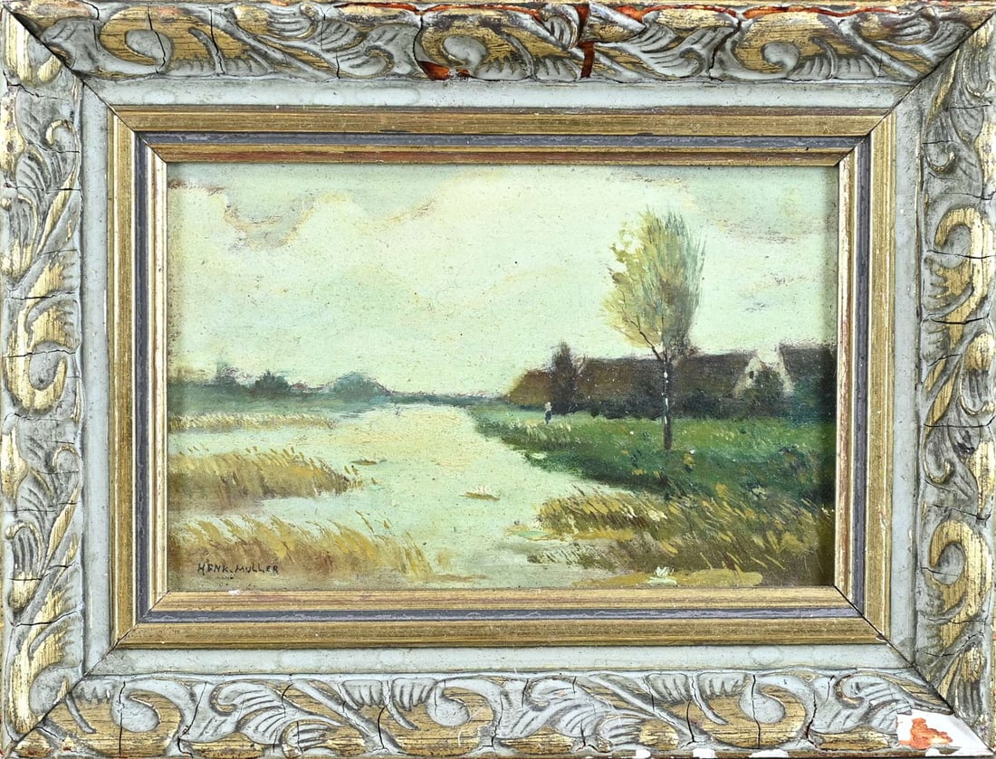 Henk Muller, Landscape: Henk Muller. Circa 1930. Landscape. Dutch School. Oil on panel. Dimensions: H 13 x Ø 18.5 cm. In good condition.