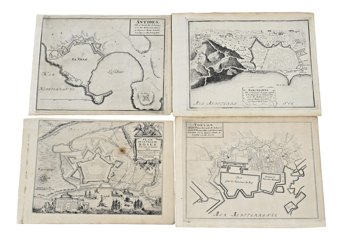 4x Antique map: 1x Plan de laville de roses avec les attagnues by P. de Pantre, 1660 - 1744, dimensions: H 23 x W 33 cm. 1x Antibes ville et port de mer de provence, by N. de Fer Paris, 1693, dimensions: H 25 x W 31