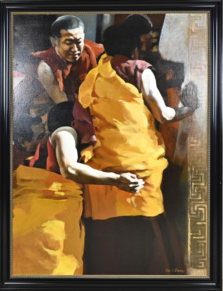 Eva van Dam, Tibetan monks: Eva van Dam. Dutch School. Large work. Tibetan monks. 1990s. Oil on canvas. Dimensions: H 135 x W 100 cm. In good condition.