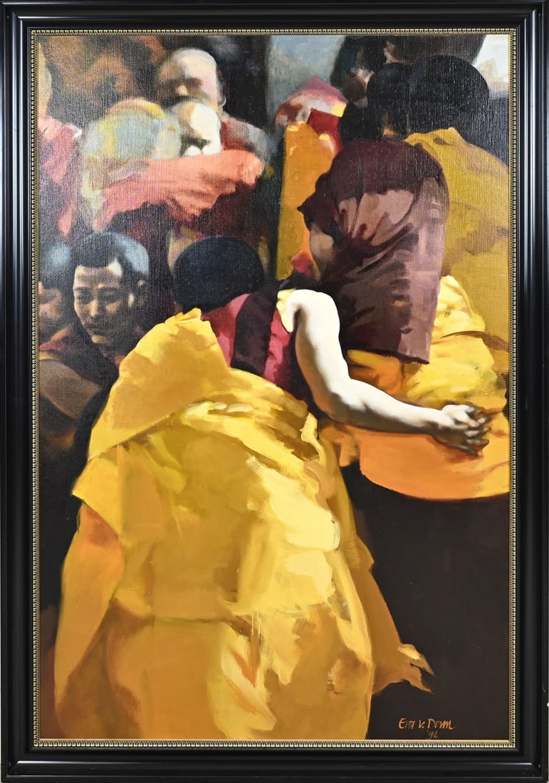 Eva van Dam, Tibetan figures: Eva van Dam. 1996. Dutch School. Large work. Tibetan figures. Oil on canvas. Dimensions: H 135 x W 100 cm. In good condition.
