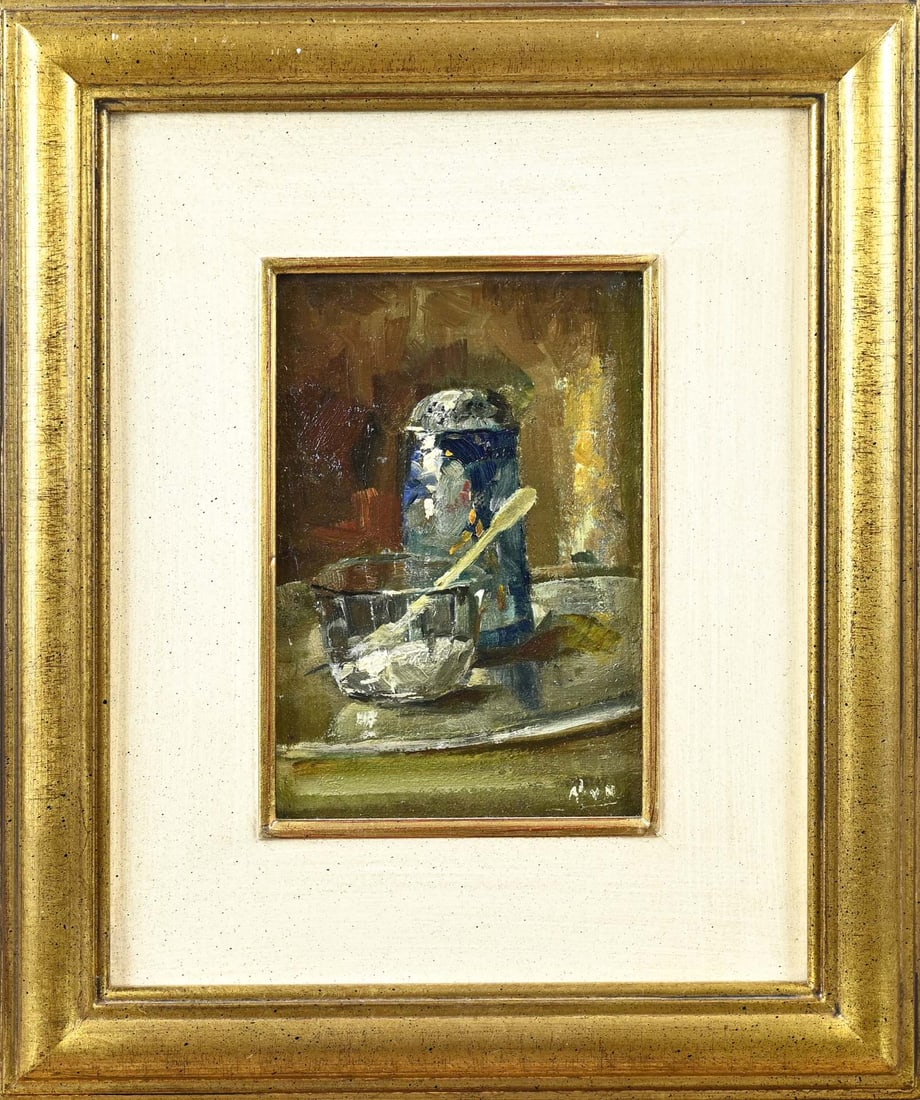 A. van Neste, Still Life: Adolf van Neste. 1880 - 1959. Still life with powdered sugar container and granulated sugar. Oil on canvas. Marouflé. Dimensions: H 18 x W 12 cm. In good condition.
