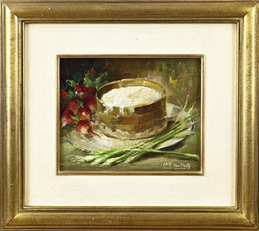 Adolf van Neste, Still Life: Afolf van Neste. 1880 – 1959. Still life with French cheese and spring onion. Oil on canvas. Marouflé. Dimensions: H 18 x W 22 cm. In good condition.