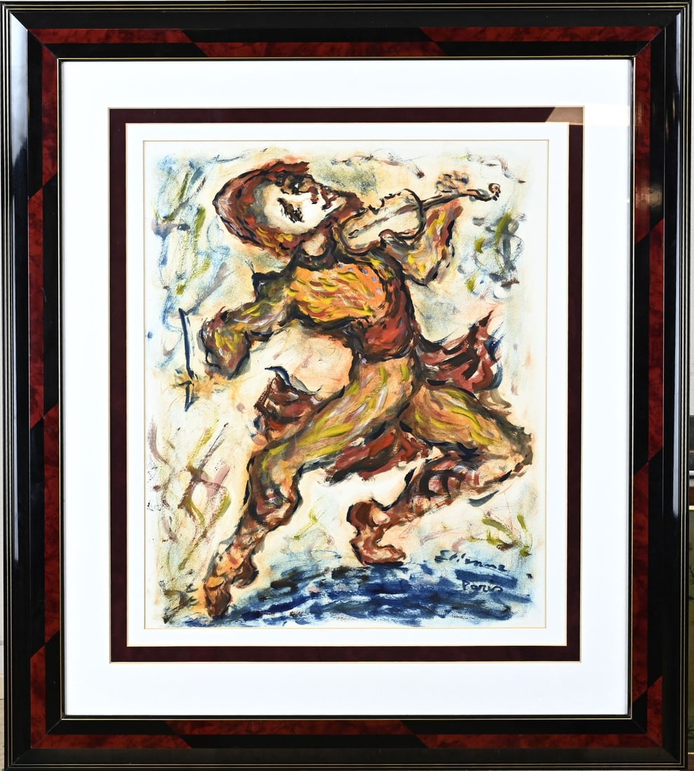 R. Etienne, Pierrot with violin: Rogier Etienne. 1922 - 2011. French School. Pierrot with violin Paris. Gouache on paper. Dimensions: H 60 x W 48 cm. In good condition.