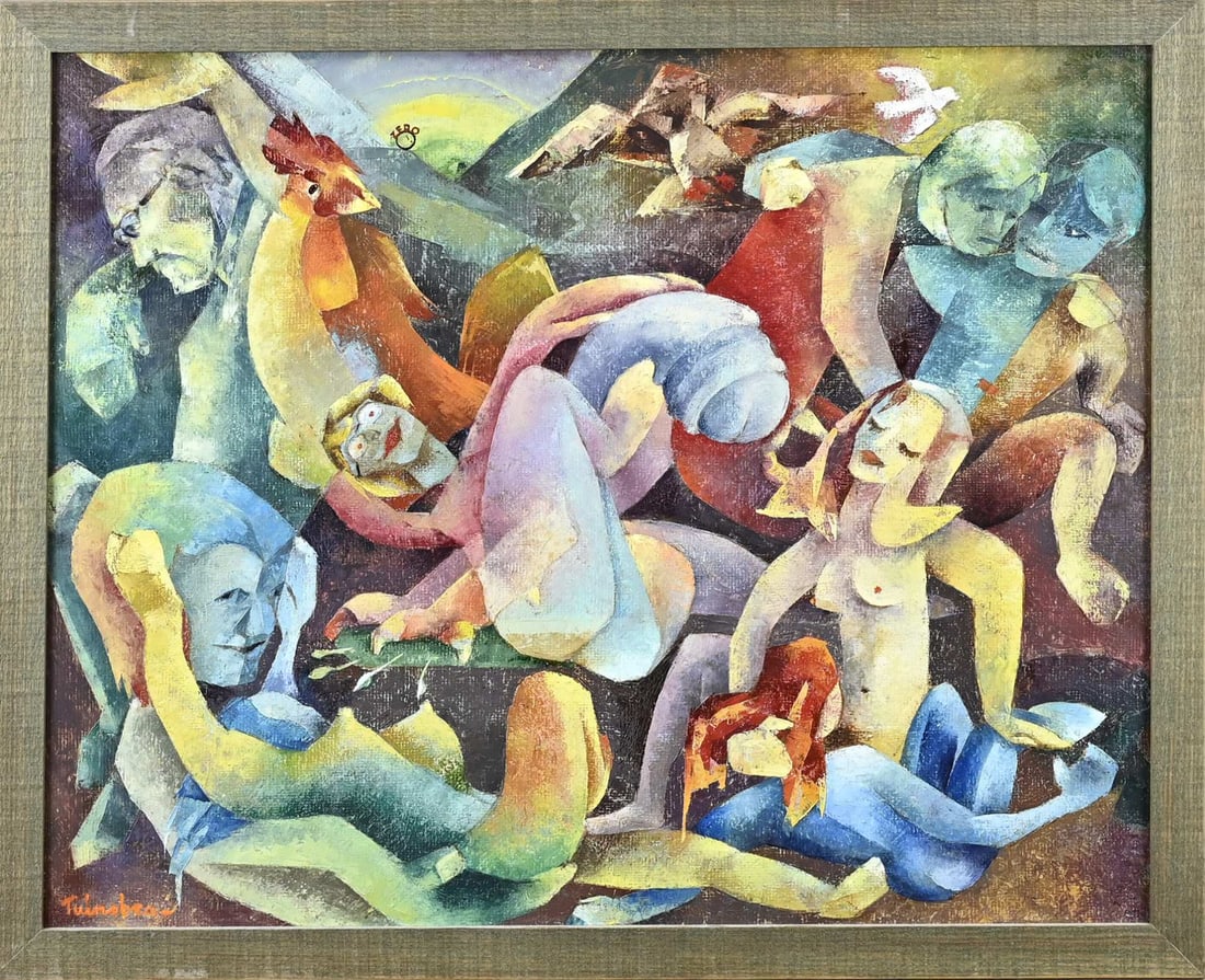 Tjeerd Tuinstra, Modern figures composition: Tjeerd Tuinstra 1916 - 2001 Franeker. Colorful, modern figures composition. Oil on board. Dimensions: H 45 x W 55 cm. In good condition.