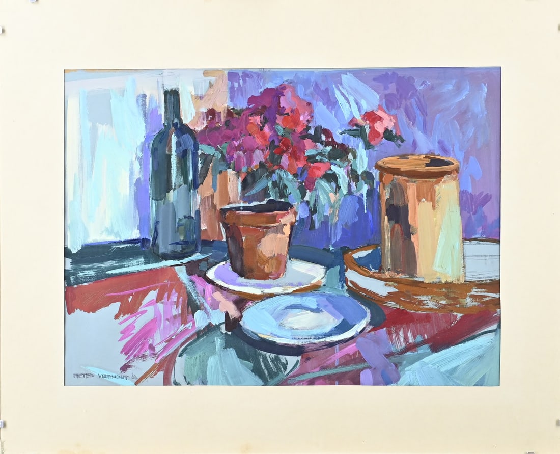 P. Vierhout, Still Life: Pieter Vierhout. 1957 - Almelo. Still life. Acrylic on paper. Dimensions: H 40 x W 55 cm. In good condition.