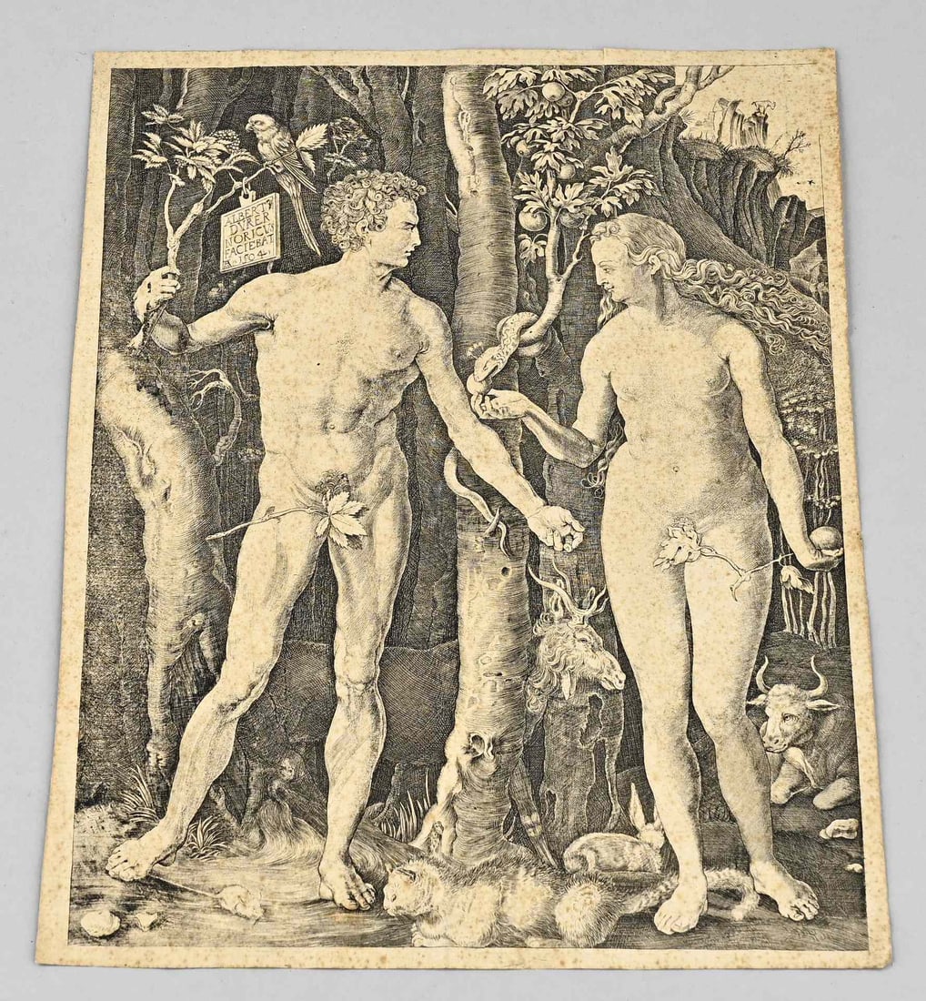 Albrecht Dürer, Adam & Eve: Antique engraving by Albrecht Dürer, 1504. 1471–1528. 18th-century reprint by Milé, with three top hat watermarks. Adam & Eve. Engraving on paper. Dimensions: H 26 x W 20.2 cm. In good condition.