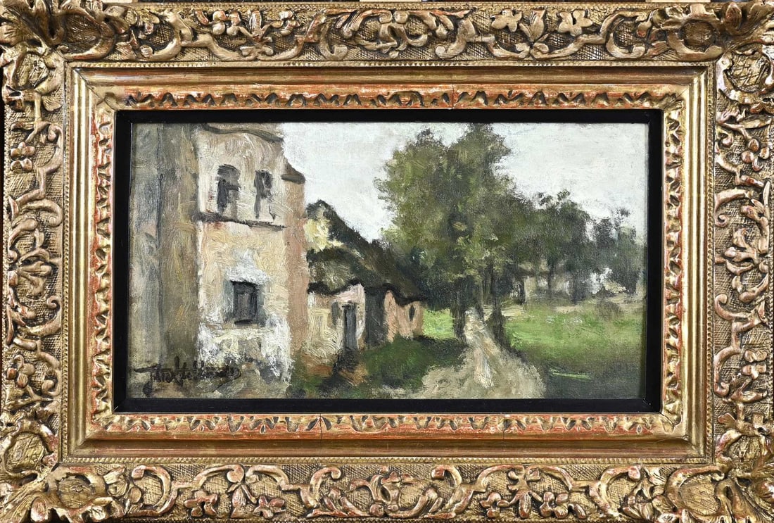 J. Stobbaerts, Farmhouse: J. Stobbaerts. 1838 - 1914. Belgian School. Farmhouse. Oil on panel. Dimensions: H 18 x W 34 cm. In good condition.