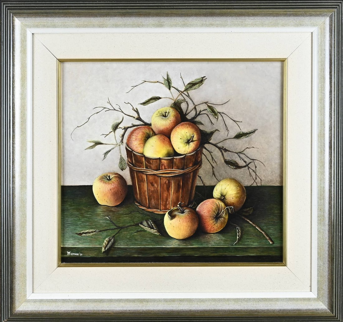 Henriëtte Tieman, Still Life: Henriëtte Tieman (Oldenzaal). Still life with apples. Oil on panel. Dimensions: H 40 x W 50 cm. In good condition.