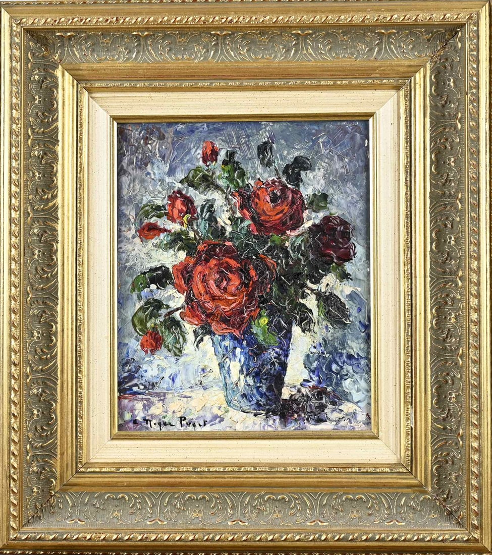 Roger Puget, Vase with Roses: Roger Puget. 1911 - 2002. French School. Vase with roses. Oil on board. Dimensions: H 27 x W 21 cm. In good condition.