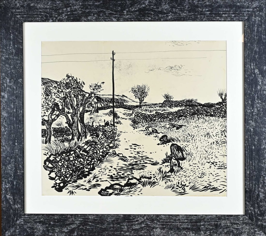 Matthijs Overmans, Mediterranean Landscape: Matthijs Overmans. 1928 - . Mediterranean landscape. Marked SZ.9320. 20th century. Indian ink. Provenance: art dealer Simonis en Buunk in Ede. Dimensions: H 48 x W 56 cm. In good condition.