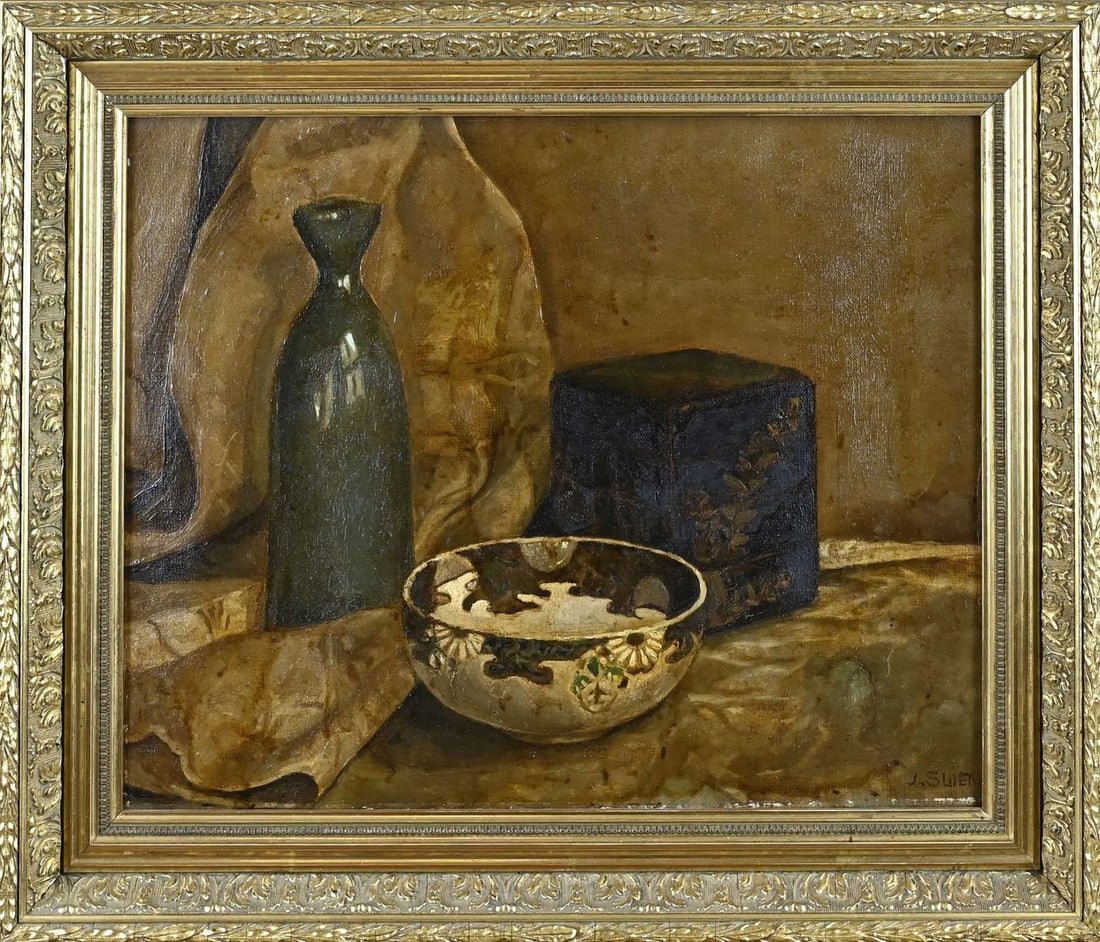 J. Swen, Still Life: J. Swen. Circa 1920. Still life with porcelain bowl and lacquer box. Oil on canvas. Dimensions: H 40 x W 50 cm. In good condition.