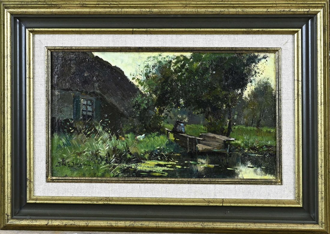 Jac. C. Jongsma, Landscape with Drenthe farmhouse: Jac. C. Jongsma. 1893 - 1926. Landscape with Drenthe farmhouse and jetty. Oil on linen. Marouflé. Dimensions: H 21 x W 36 cm. In good condition.