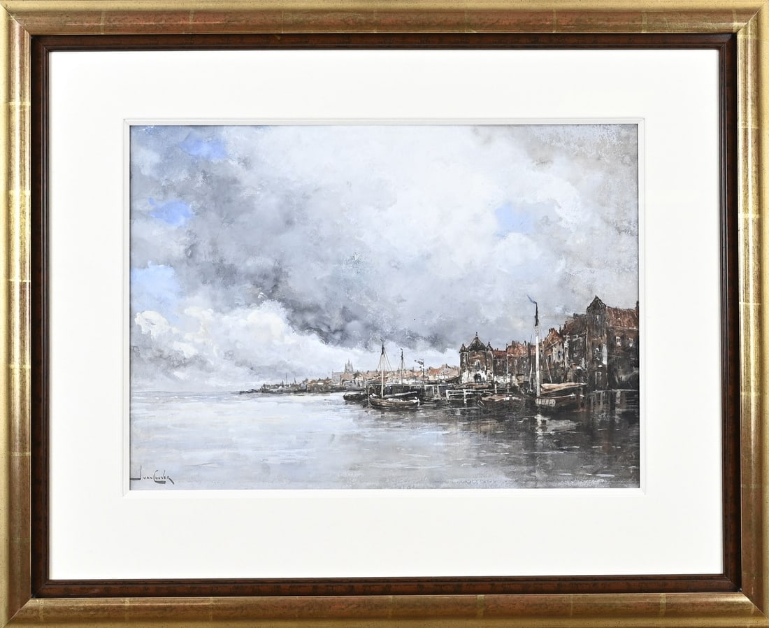 J. van Couver, Dutch harbor view: J. van Couver. 1836 - 1909. (Hermanus Koekkoek the Younger). Dutch harbor scene. Gouache on paper. Dimensions: H 35 x W 50 cm. In good condition.