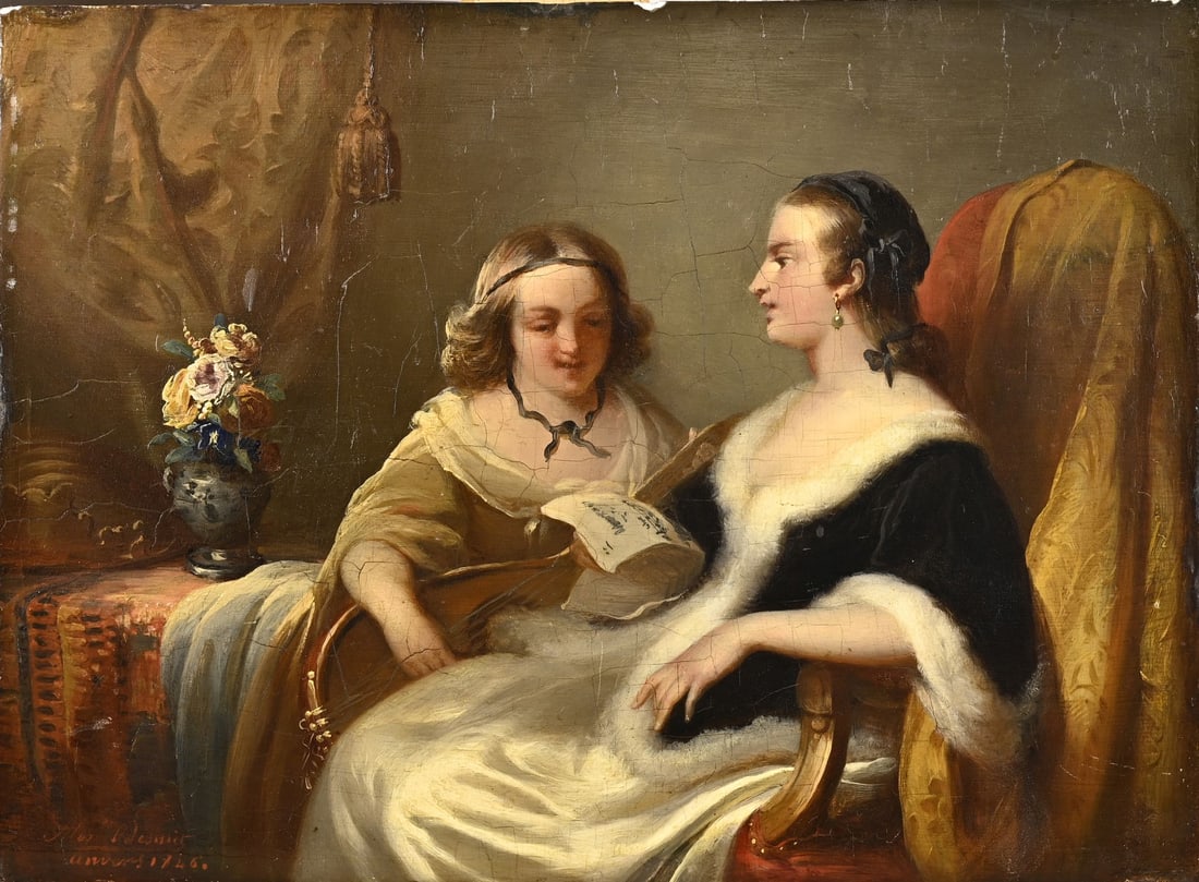 Alfred de Saint, Musical Ladies: Alfred de Saint. Belgian School. 1846. Two musical ladies. Dimensions: H 20 x W 27 cm. Slight craquelé. In good condition.