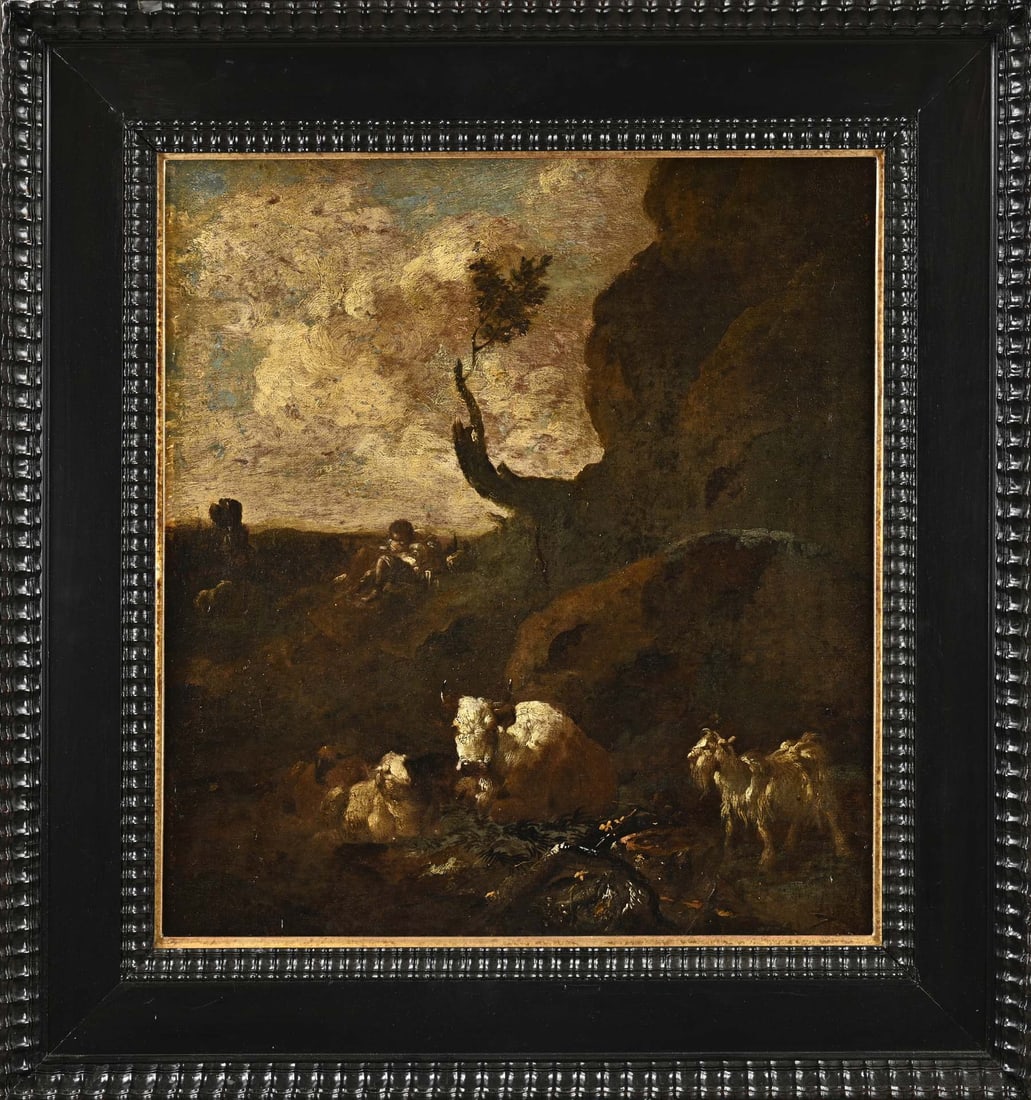 Painting, Landscape with shepherd and cattle: Painting. Unsigned. 17th - 18th Century. Italian or French School. Landscape with shepherd and resting cattle. Oil on canvas. Dimensions: H 55 x W 50 cm. Older lining. In fair/good condition.