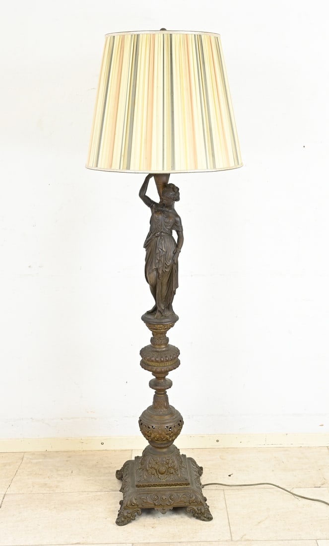 Floor lamp with Greek lady, H 163 cm.: Antique metal composition, historicism, floor/standing lamp, with Greek lady holding an amphora. Germany. Circa 1900. Dimensions: H 163 cm. In good condition.