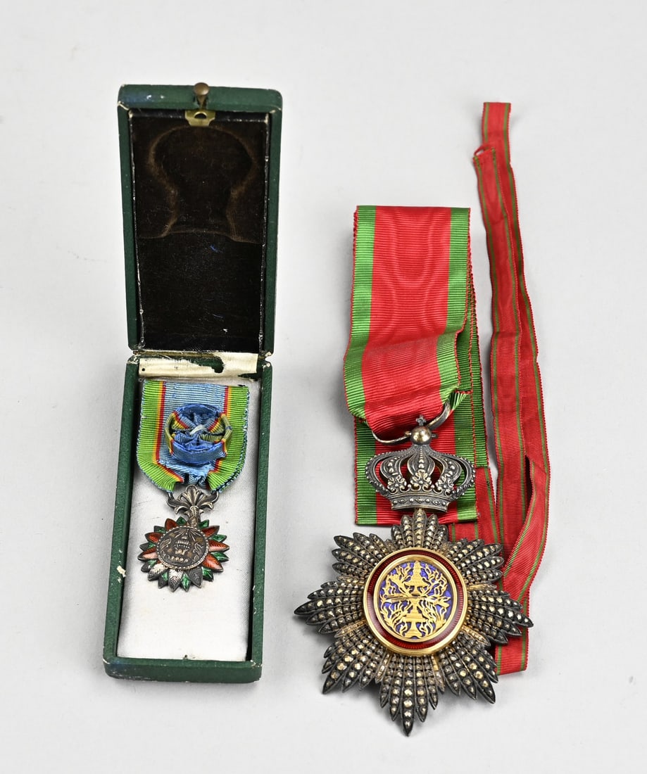 2x Old distinction: Two antique decorations. 1x Order of the Thai Crown, 1st Class, pre-1948. 1x Order of Commander's Cross of Cambodia, since 1864, silver/partially gilded, manufactured by Boullanger Paris. Dimensions: