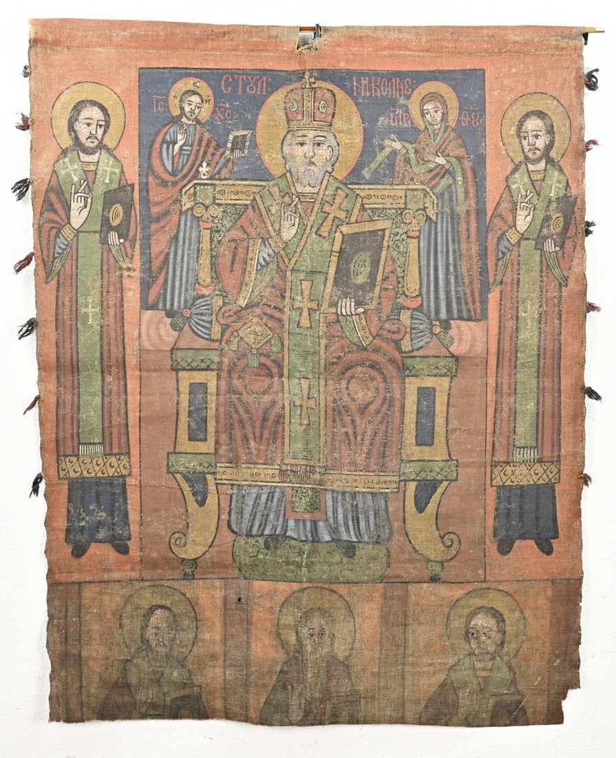 Orthodox banner: Antique, 19th-century Greek Orthodox religious banner. Image of an Apostle. Dated 1849. Dimensions: 105 x 83 cm. In good condition.