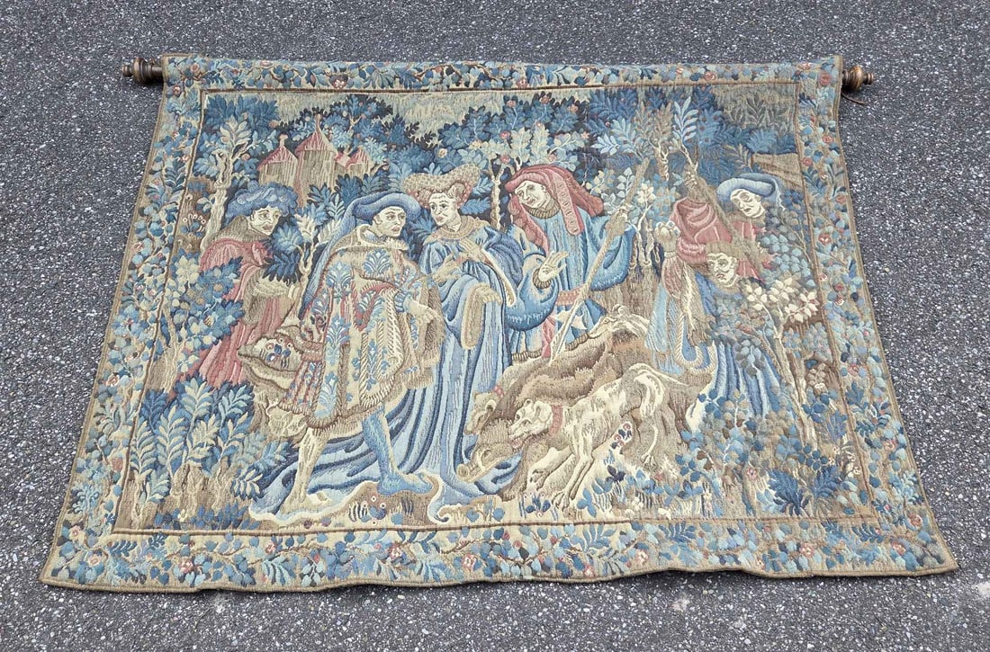 Gobelin tapestry, 117 x 157 cm.: Antique French embroidered tapestry wall hanging with figures in a garden setting. Dimensions: 117 x 157 cm. In good condition.