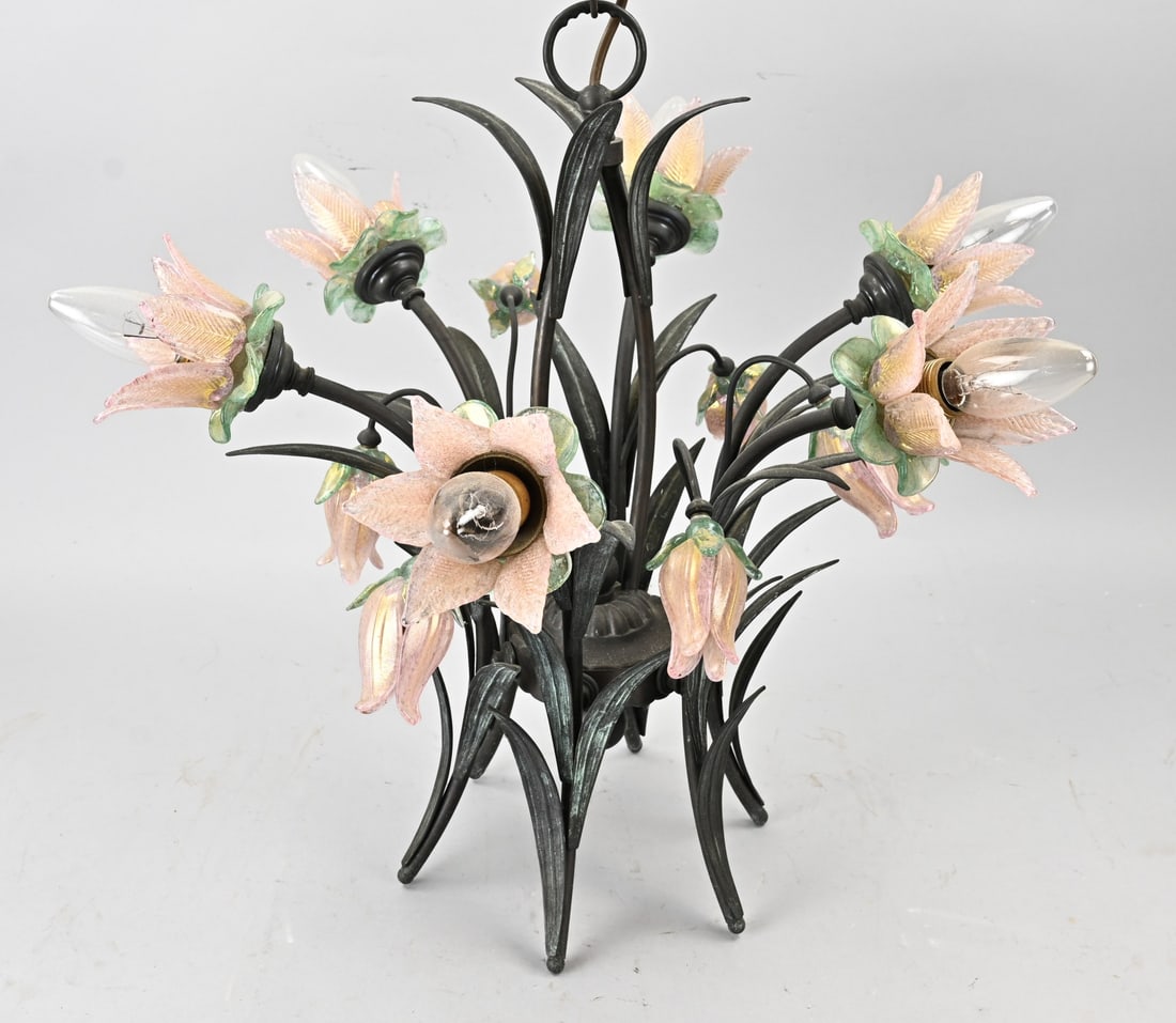 Venetian pendant lamp Ø 57 cm.: Italian bronze pendant lamp with Venetian glass. Second half of the 20th century. Dimensions: 53 x Ø 57 cm. In good condition.