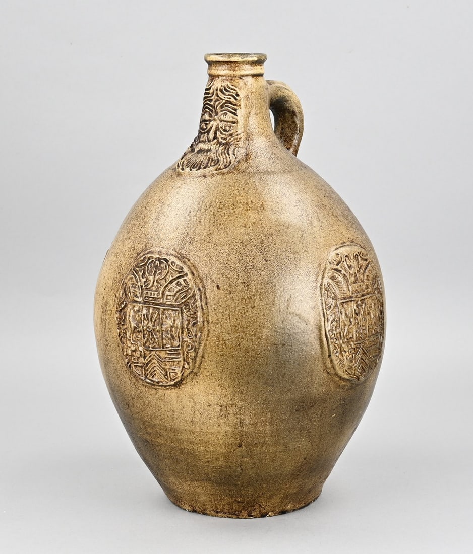 Bearded man jug, H 38 cm.: Antique German Frechen stoneware bearded man jug with medallions. Circa 1900. Dimensions: H 38 cm. In good condition.