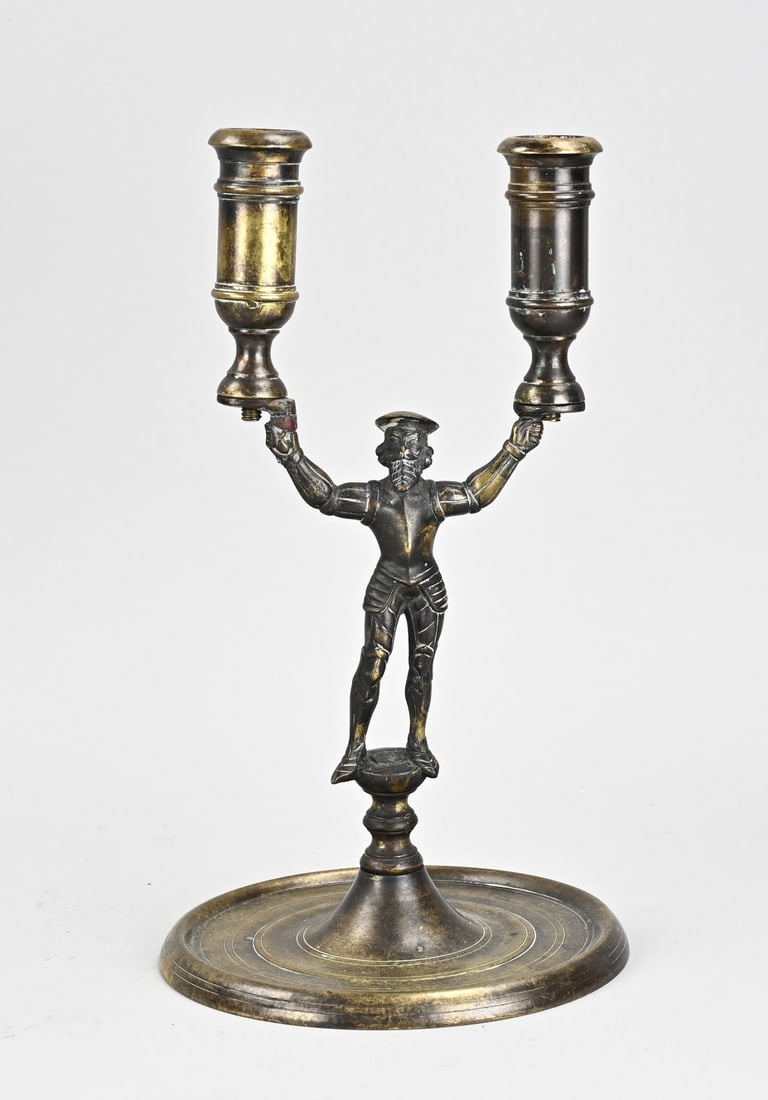 Bronze candlestick, H 26 cm.: 17th - 18th century bronze, Renaissance, candlestick with figure. Dimensions: H 26 cm. In very good condition.