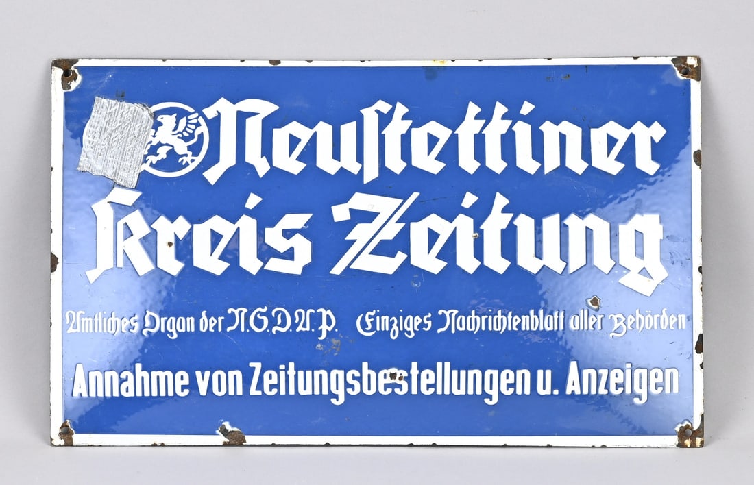 Enamel advertising sign: Old German enameled advertising sign, Neustettiner Kreis Zeitung. Dimensions: 30 x 50 cm. In fair/good condition.