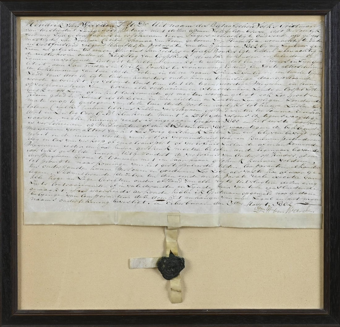Document/certificate with wax seal: Antique Dutch handwritten document, dated 1802, with wax seal. For Hendrik van Weerden. Dimensions: 35 x 35 cm. In good condition.