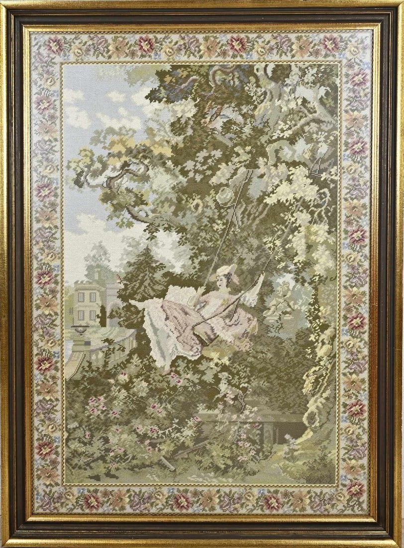 Tapestry in frame, 138 x 99 cm.: Decorative tapestry in a frame. Lady on a swing in a park. Second half of the 20th century. Dimensions: H 138 x W 99 cm. In good condition.