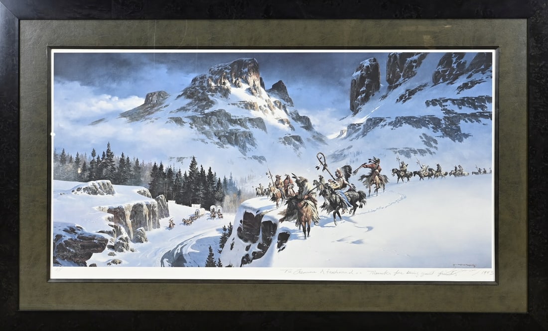 Maher Naguib Morcos, Indians in winter mountains: Maher Naguib Morcos, 1946, USA. Lithograph. Indians in winter mountains. Apreuve de artiste, with anecdote. Lithograph on paper. Dimensions: H 48 x W 93 cm. In good condition.
