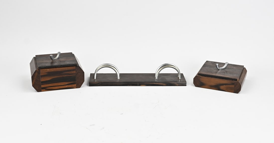 3-piece desk set, 1930: Antique three-piece Dutch desk set made of rosewood. Circa 1930. Dimensions: 12 x 27 cm. In good condition.