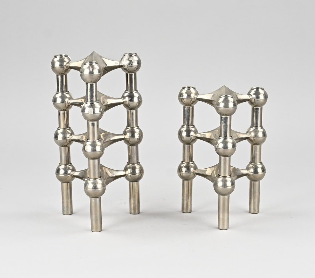 7x Stoff Nagel candlestick: Set of seven Stoff Nagel candlesticks. Chrome. 1960s. Germany. Dimensions: 32 cm. In good condition.