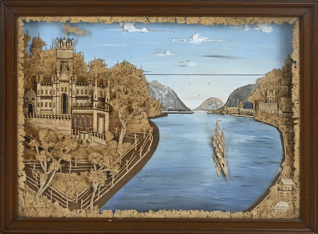 Diorama (end): Antique, German, diorama from 1908, with Schloss Stolzenfels on the Rhine, made entirely of cork, in good condition.
