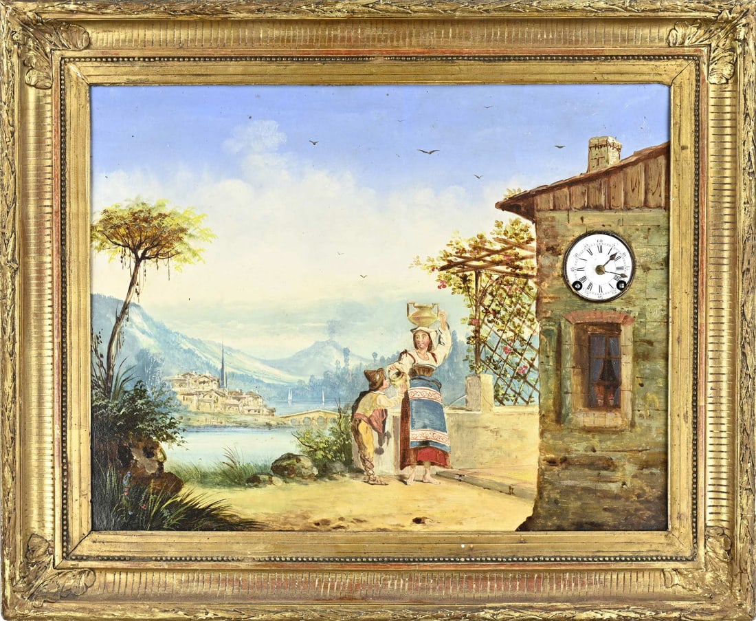 Picture clock + musical mechanism, 1860: 19th-century painted clock, with an Italian scene painted on a copper plate. Eight-day movement with half-hour strike + musical mechanism. Circa 1860. Dimensions: 55 x 65 cm. In good working
